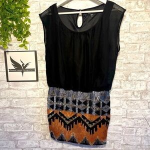 AS U WISH‎ Black Sheer Sequin Gold Silver Aztec Geometric Mini Dress Size Medium